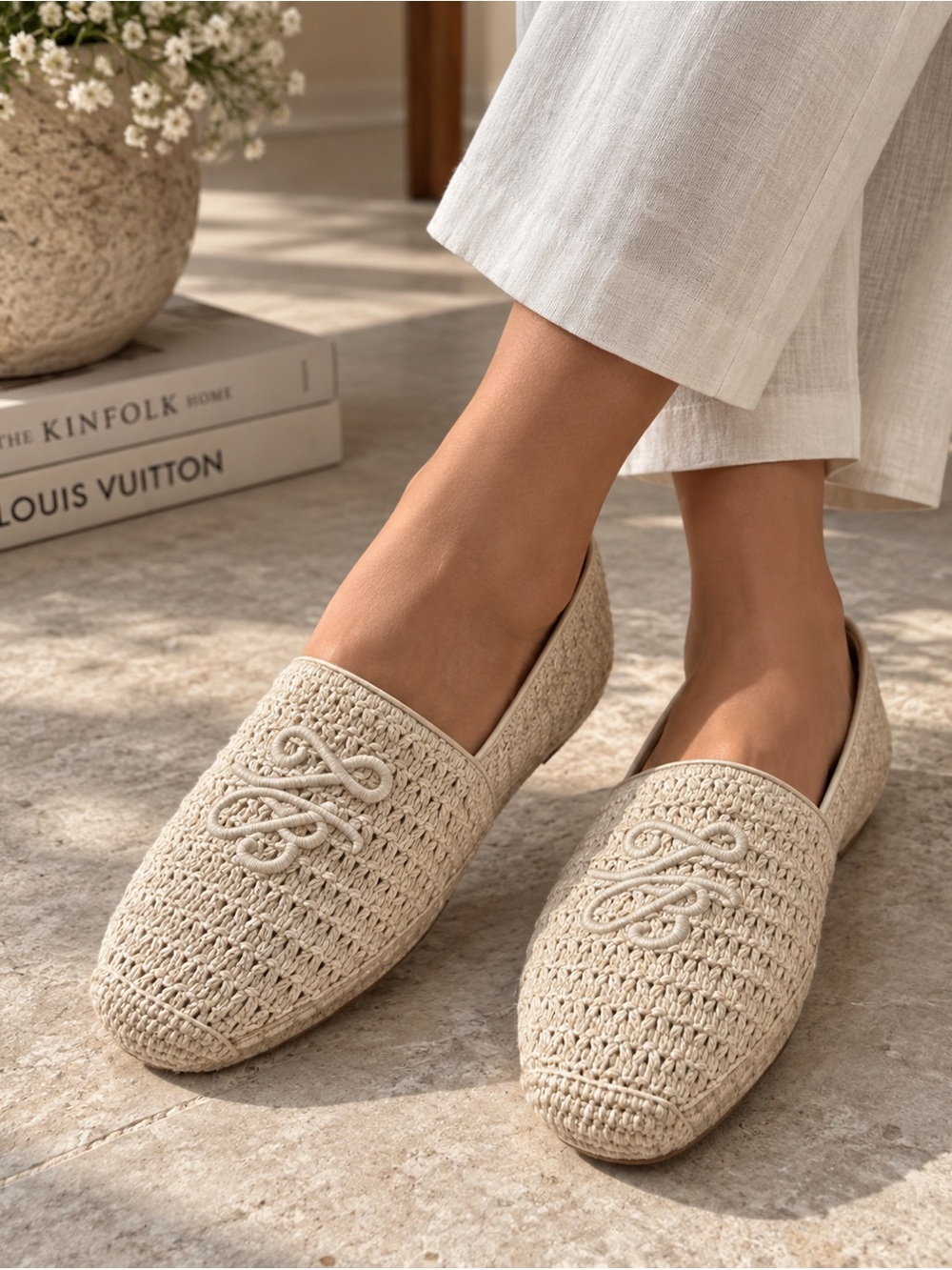 NEW Ted Baker Piper Cream Crochet Monogram Espadrilles Flats Sz 7.5